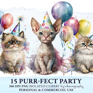 Paquete de imágenes prediseñadas de gatos de acuarela, gatito de acuarela PNG, paquete de imágenes prediseñadas de fiesta de cumpleaños de gatito lindo, pegatinas de planificador de imágenes prediseñadas digitales de gatos Kawaii
