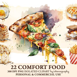 Comfort Food Clipart Bundle, Aquarelle Food Png Popcorn, Crêpes, Pain grillé Français, Frites Mac et Fromage S'mores Oeuf frit Pizza Slice Burger
