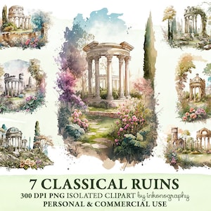 Bundle de cliparts ruines classiques png, art imprimable Light Academia, scène de paysage, bâtiments historiques, dessin d'architecture, aquarelle png thumbnail