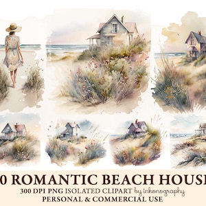 Aquarell Strand Haus Clipart Bundle Meer Landschaft Cottage PNG digitaler Download kommerzielle Nutzung Strand Natur Landschaft Clipart Planer