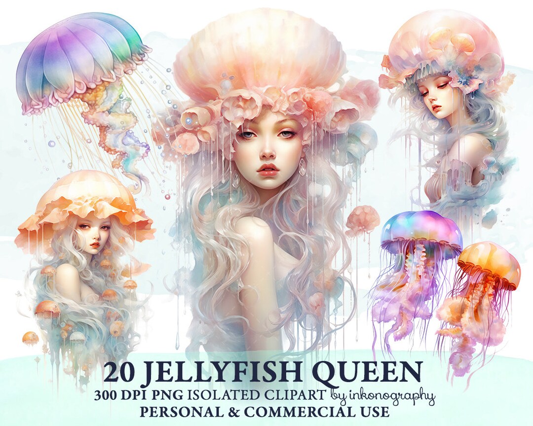 Watercolor Mermaid Clipart Bundle, Jellyfish Medusa Fantasy Mermaid PNG ...