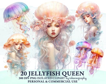 Watercolor Mermaid Clipart Bundle, Jellyfish Medusa Fantasy Mermaid PNG, Pastel Watercolor, Digital Ocean Art Planner Girl Journal Stickers