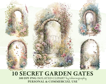 Watercolor Secret Garden Clipart Bundle, Spring Garden Entrance Png Garden Gates Scenes, Scrapbooking, Spring Clipart, Nursery,