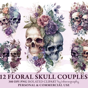 Floral Skull Couple, Watercolor Wedding Skulls Clipart Bundle Boho Floral Skull Clipart Png Digital Prints Instant Download, T-Shirt Designs