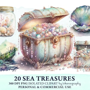 Pacote de clipart de baú de tesouro em aquarela, clipart de naufrágio de navio pirata, aquarela de oceano png náutico, download digital instantâneo, kit de álbum de recortes