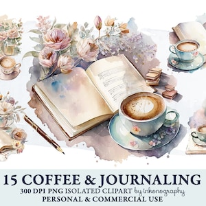 Paquete de imágenes prediseñadas de café y diario de acuarela, lindas escenas de planificador de acuarela, escritor de imágenes prediseñadas de café png autor descarga instantánea libro de chatarra