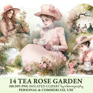 May include: Three watercolour illustrations of women in pink dresses and hats, each holding a teacup, surrounded by pink roses and greenery. The text "14 TEA ROSE GARDEN 300 DPI PNG ISOLATED CLIPART by inkonography PERSONAL & COMMERCIAL USE" is at the bottom of the image.