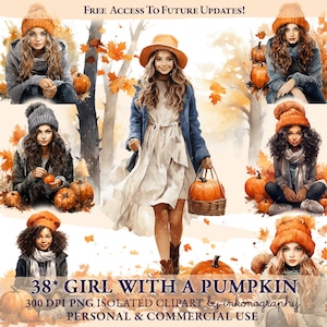 Bundle de Clipart de fille de citrouille d'automne | Fille d'automne | Saison d'automne | Téléchargement numérique | Png transparent | Illustration de fille | Clipart aquarelle