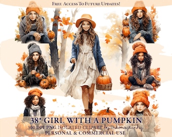 Herbst Kürbis Mädchen Clipart Bundle | Herbstmädchen | Herbst Saison | Digitaler Download | Transparentes Png | Mädchen Illustration | Aquarell Clipart