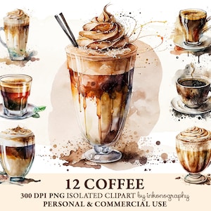 Watercolor Coffee Clipart Bundle, Espresso Png, Cafe Coffee Shop Clipart, Kitchen Decor Clip Art Elements Coffee Lover Png Cute Coffee Mocha