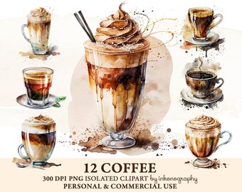 Aquarelle café Clipart Bundle, expresso Png, café café Clipart, cuisine décor Clip Art éléments café amateur Png mignon café moka