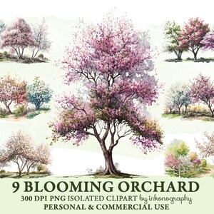 Watercolor Orchard Clipart Bundle, Blooming Orchard PNG, Spring Trees, Pink Flowers, Scrap Book, Junk Journal, Printable Stickers Planner