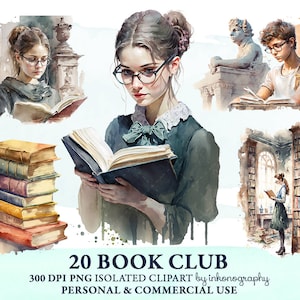 Watercolor Bookworm Clipart Bundle, Book Club Reading Png, Home Library Interior Clipart Stack of Books Light Dark Academia Instant Download