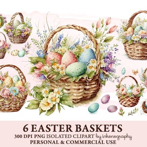 Paquete de imágenes prediseñadas de cesta de Pascua de acuarela, paquete Png, huevos de Pascua Png, imágenes prediseñadas de primavera, cestas florales, scrapbooking, descarga digital, conjunto