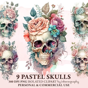 Aquarell Blumen Schädel Clipart Bundle, Schädel Png, Wicca Clipart, Pastell Png okkulte Clipart, Hexe png, Blumenschädel kommerzielle Nutzung Tshirt