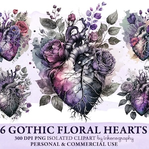 Purple Aquarelle Floral Heart Clipart Bundle, Heart Png, Romantic Dark Academia, Gothic Valentines, Fichiers de sublimation, Utilisation commerciale Png