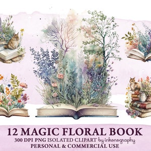 Watercolor Floral Book, Fantasy Clipart Bundle, Png, Reading Clipart, Magical, Mystical Art, Witch Watercolor, Magic Book, Instant Download