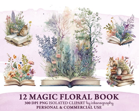 Watercolor Floral Book, Fantasy Clipart Bundle, Png, Reading Clipart, Magical, Mystical Art, Witch Watercolor, Magic Book, Instant Download