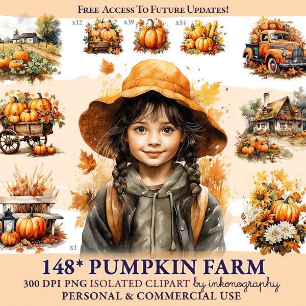 Kürbis Bauernhof Clipart Bundle, Herbst Landschaft, Kürbis LKW Png, kommerzielle Nutzung, Land Bauernhaus Dekor Thanksgiving Clipart, Herbst Clipart