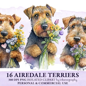 Aquarel Airedale Terrier Clipart Bundel, Airedale Terrier PNG, Cute Dog PNG, Instant Digital Download Verjaardagskaart Afdrukbare Stickers