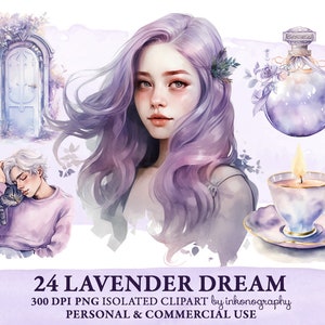 Aquarel dromerige clipart bundel, lavendel PNG, Dreamcatcher clipart dromen PNG mooi meisje schattige jongen journaling planner meisje junk Journal
