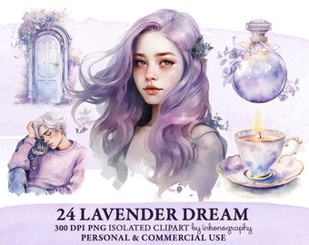 Watercolor Dreamy Clipart Bundle, Lavender Png, Dreamcatcher Clipart Dreams Png Beautiful Girl Cute Boy Journaling Planner Girl Junk Journal