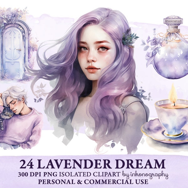Watercolor Dreamy Clipart Bundle, Lavender Png, Dreamcatcher Clipart Dreams Png Beautiful Girl Cute Boy Journaling Planner Girl Junk Journal