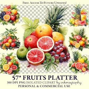 Aquarell Früchte Servierplatte Clipart Set | Kommerzielle Nutzung | Transparentes Png | Papierhandwerk | Gesundes Essen Clipart | Sommerfrüchte
