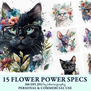 Paquete de imágenes prediseñadas de gatos florales boho de acuarela, gatos divertidos con gafas, gatos con especificaciones, descarga instantánea, diseños de camisetas coloridos y divertidos