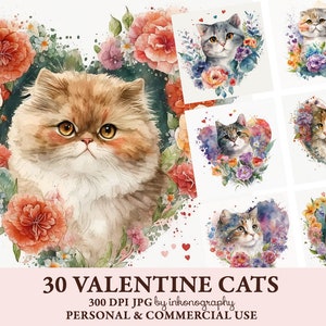 Cute Valentine Clipart Bundle, Cats with Floral Hearts, Cute Animal Clipart, Aesthetic Clipart, Watercolor Scenes, Cottagecore Clipart, Art