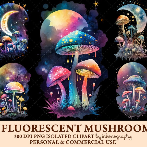 Watercolor Fluorescent Mushroom Clipart Bundle Png Psychedelic Fungi Art Commercial Use Colorful Mushrooms Digital Clipart Instant Download