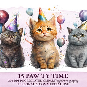 Watercolor Cat Clipart Bundle Birthday Cat PNG Cute Kitten Clipart Bundle Cat Party Invitation Birthday Card Printable Ginger Tabby Cat PNG