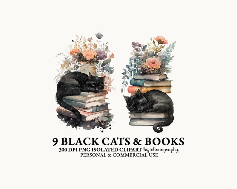 May include: Two black cats are sleeping on stacks of books. The books are surrounded by watercolor flowers. The image is labeled "9 BLACK CATS & BOOKS 300 DPI PNG ISOLATED CLIPART by inkonography PERSONAL & COMMERCIAL USE"