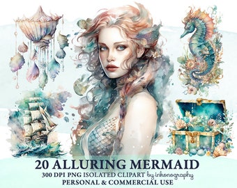 Beautiful Mermaid Clipart Bundle, Watercolor Mermaid Fantasy Clip art, Digital Mermaid Art Planner Girl Sticker Mermaid Png Nautical Clipart