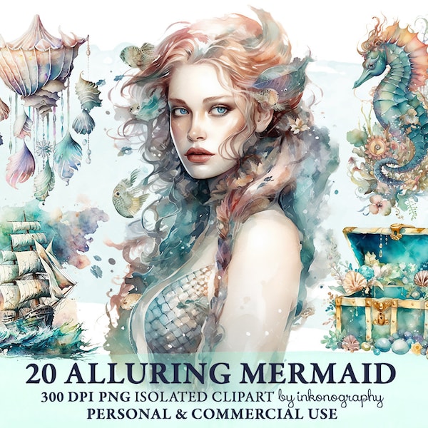 Beautiful Mermaid Clipart Bundle, Watercolor Mermaid Fantasy Clip art, Digital Mermaid Art Planner Girl Sticker Mermaid Png Nautical Clipart
