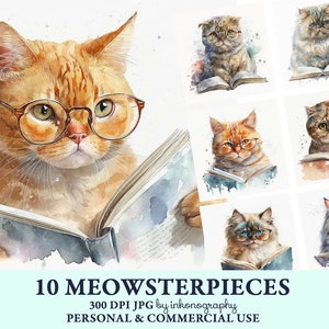 Paquete de imágenes prediseñadas de gatos con gafas, gatos de acuarela, animales divertidos, imágenes prediseñadas digitales de gatos geek, imágenes prediseñadas de lectura de libros, archivos de sublimación de nerd