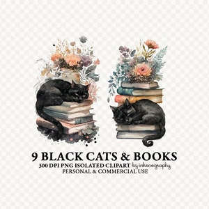 May include: Nine black cats are sleeping on stacks of vintage books. Watercolor illustrations of flowers and greenery surround the cats. The text "9 BLACK CATS & BOOKS" is at the bottom of the image.