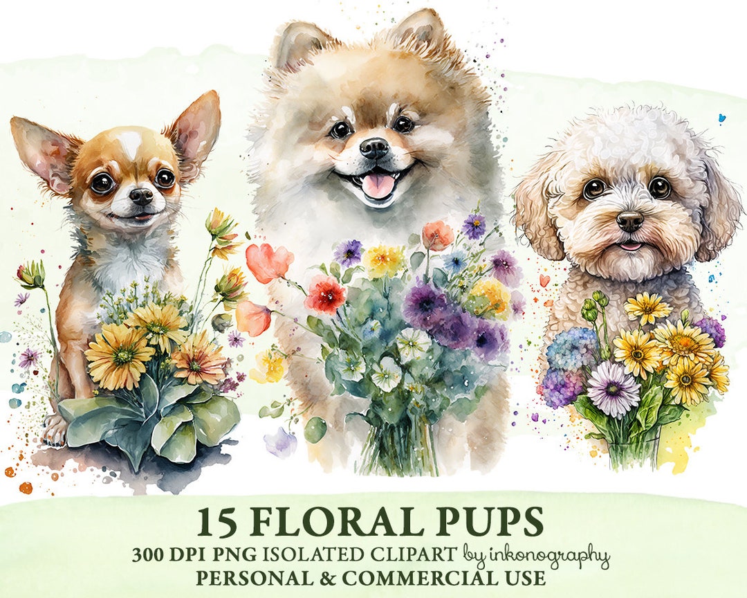 Watercolor Dogs With Flowers Clipart Bundle, Cute Dog PNG, Birthday ...