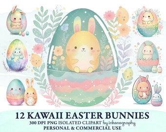 Kawaii Easter Bunny Watercolor Clipart Bundle, Png, Pastel Easter Eggs Png, Clipart Bundle, Spring Clipart, Scrapbooking Cute Easter Clipart