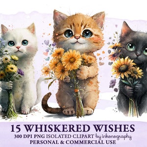 Niedliches Kätzchen Clipart Bundle, Aquarell Katze PNG, Floral Katzen Blumen Muttertagskarte Katzen Party Lustig Ginger Tabby Weiß Schwarz Katze Clipart