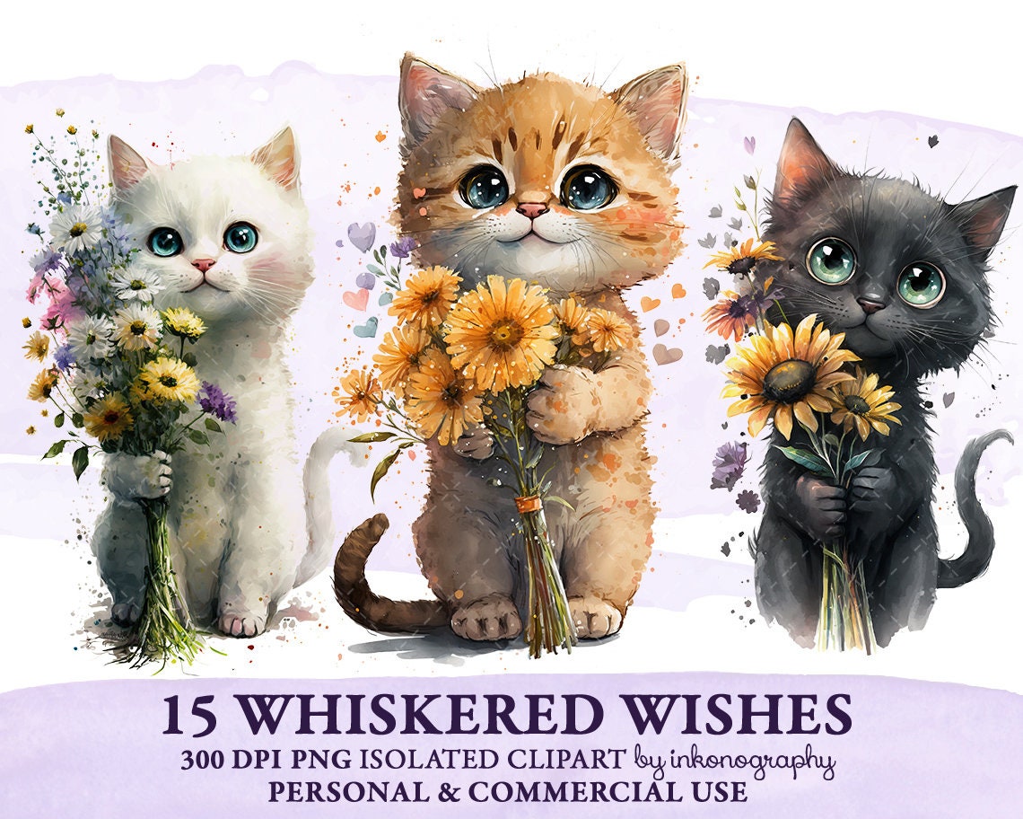 Cute Kitten Clipart Bundle, Watercolor Cat PNG, Floral Cats Flowers ...