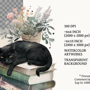 May include: A black cat with green eyes is lying on a stack of books. A potted plant with pink and purple flowers is behind the cat. The background is transparent.