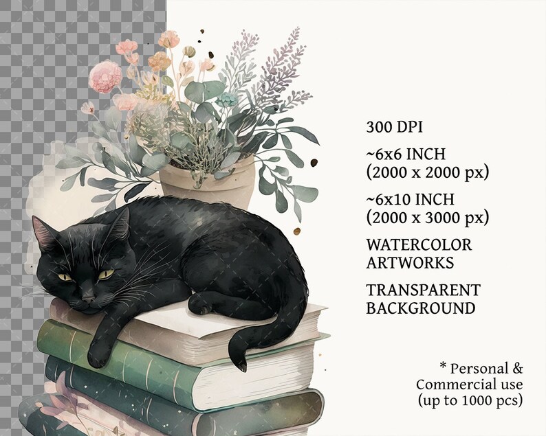 May include: A black cat with green eyes is lying on a stack of books. A potted plant with pink and purple flowers is behind the cat. The background is transparent.