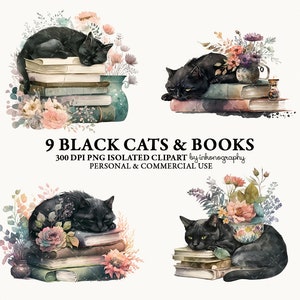 May include: Nine digital illustrations of black cats sleeping on stacks of vintage books with floral arrangements. The illustrations are in a watercolor style.