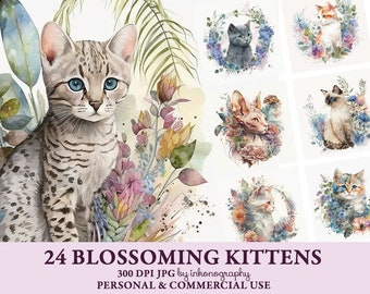 Floral Kittens, Cat Illustrations, Cute Cat Clipart, Watercolor Cat, Pets Clipart, Floral Cat Clipart, Cat Breeds, Floral Animals Digital