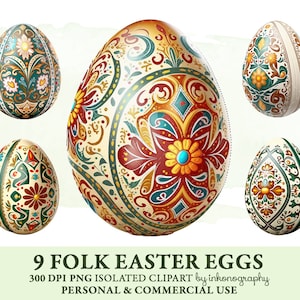 Paquete de imágenes prediseñadas de huevos de arte popular, huevos de Pascua de madera pintados a mano, imágenes prediseñadas de huevos de Pascua, huevos de adorno pintados a mano, Pysanky tradicional ucraniano