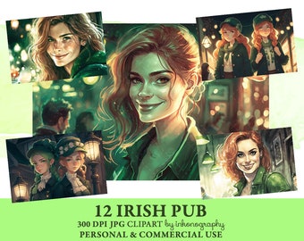 Irish Pub Clipart Bundle, Irish Girl in a Pub, Saint Patrick's Day Celebration, Sublimation Png, Green Clipart, St Paddys Day, Junk Journal