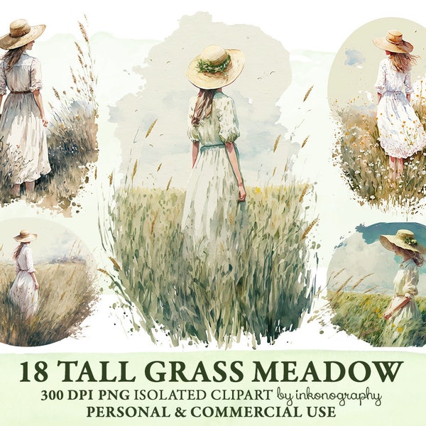 Tall Grass Meadow Clipart, Watercolor Meadow Clipart Bundle, Boho Girl Clipart, Romantic Fashion Girl Clipart Digital Download Scrap Book