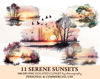Watercolor Sunset Clipart Bundle, Serene Nature PNG, Landscape Clipart, Sunset PNG, Scrap Book, Junk Journal, Printable Planner Stickers