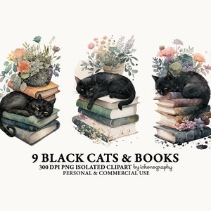 May include: Nine black cats are depicted sleeping on stacks of vintage books. Each cat is surrounded by a bouquet of flowers in a pot. The image is a digital illustration with a watercolor style.